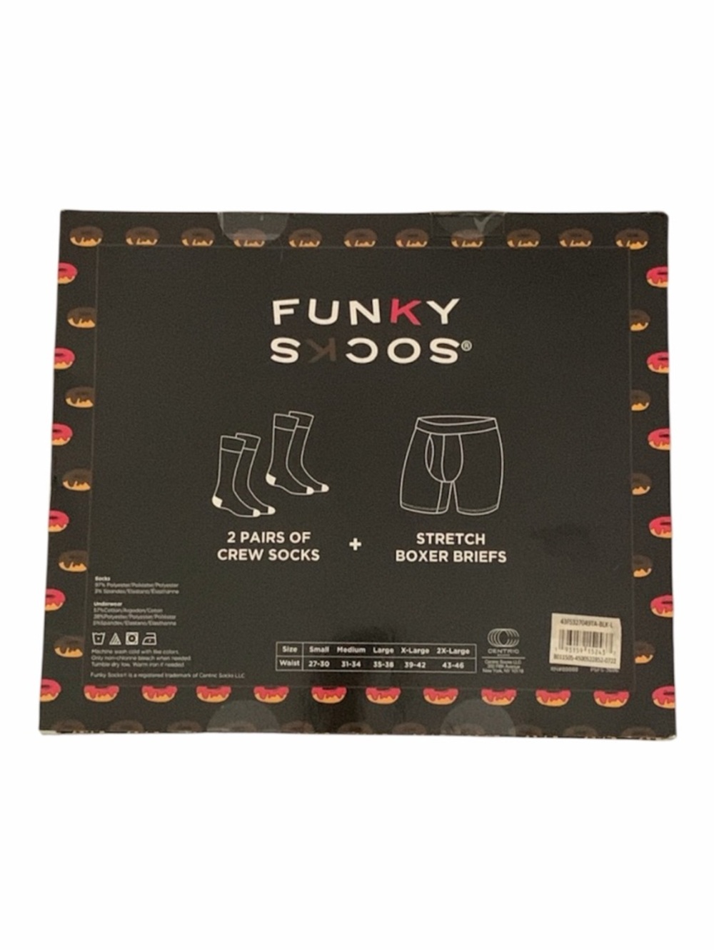 Funky Socks Men's Donut Print 2 Pair Crew Socks + Stretch Boxer Briefs Boxed Set